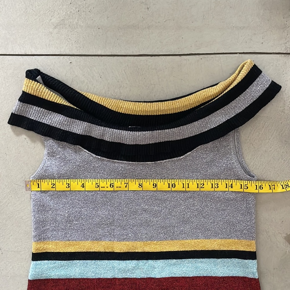 Striped Metallic Knit Off-Shoulder Dress in Yellow & Silver - Picture 4 of 10